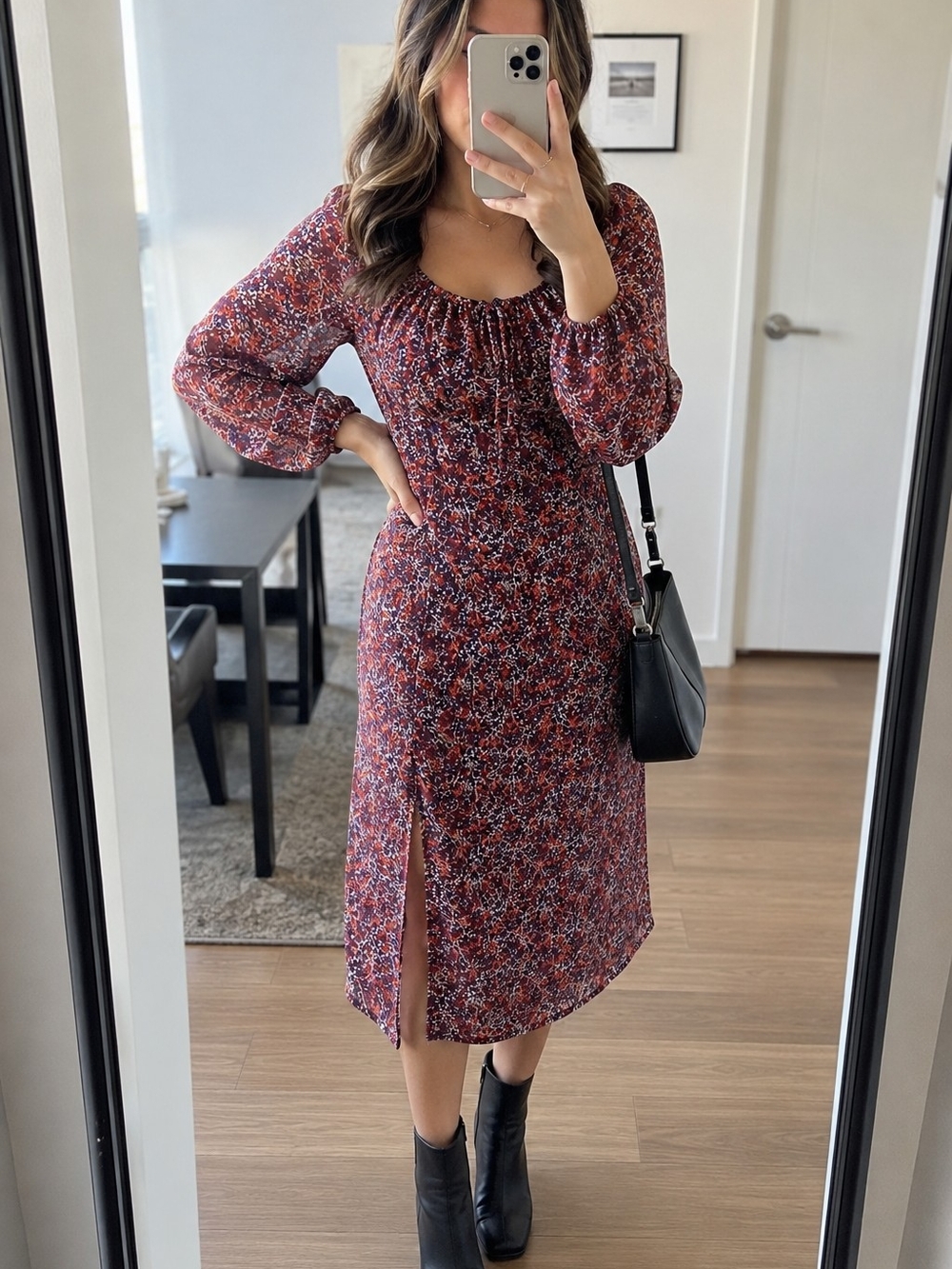 Blue Rain Floral Midi Dress NWT Size S Burgundy Long Sleeve